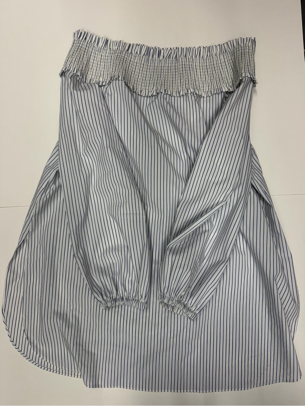 Tibi Women's White Blue Striped Off The Shoulder Top Shirt Size 6 Ruched Cotton